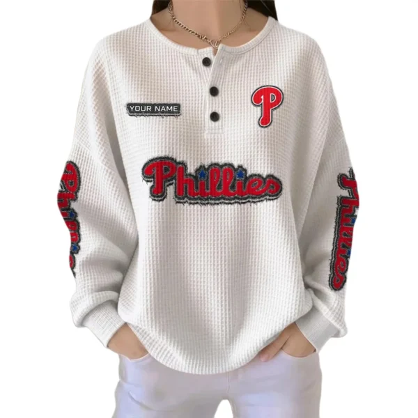 Philadelphia Phillies Women’s Waffle Knit Button Front Long Sleeve Shirt Personalize Name