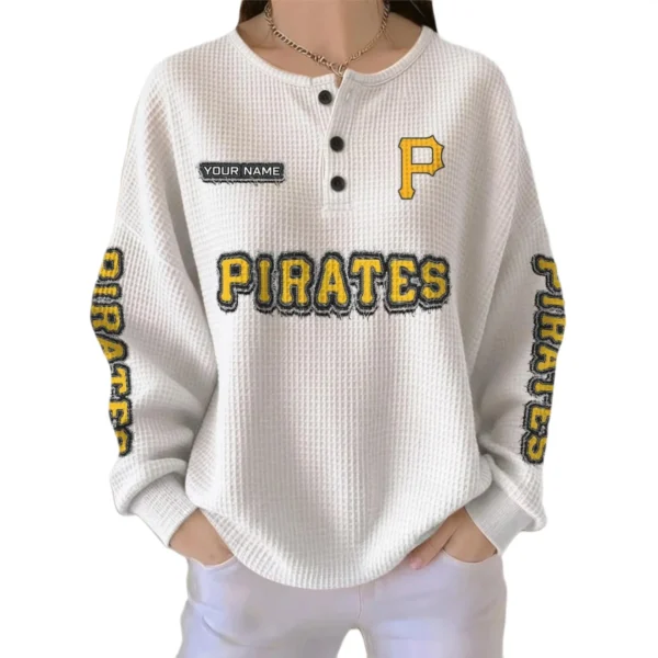 Pittsburgh Pirates Women’s Waffle Knit Button Front Long Sleeve Shirt Personalize Name