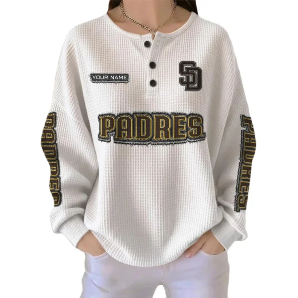 San Diego Padres Women’s Waffle Knit Button Front Long Sleeve Shirt Personalize Name