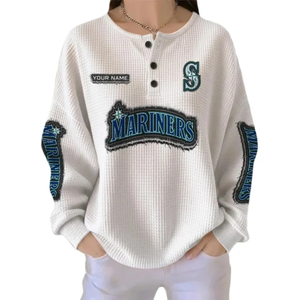 Seattle Mariners Women’s Waffle Knit Button Front Long Sleeve Shirt Personalize Name