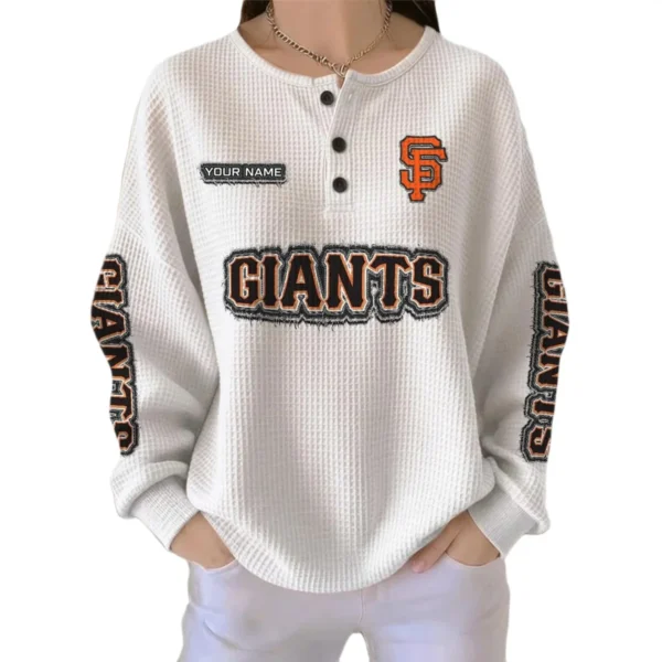 San Francisco Giants Women’s Waffle Knit Button Front Long Sleeve Shirt Personalize Name