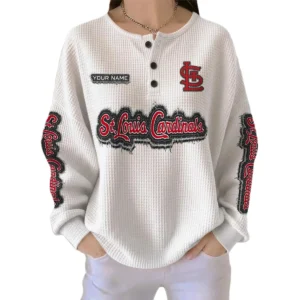 St. Louis Cardinals Women’s Waffle Knit Button Front Long Sleeve Shirt Personalize Name