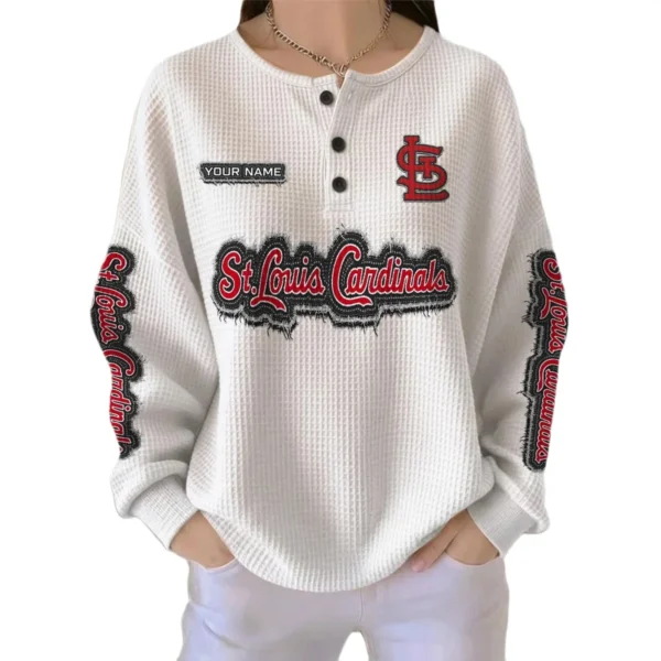 St. Louis Cardinals Women’s Waffle Knit Button Front Long Sleeve Shirt Personalize Name