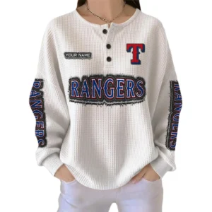 Texas Rangers Women’s Waffle Knit Button Front Long Sleeve Shirt Personalize Name