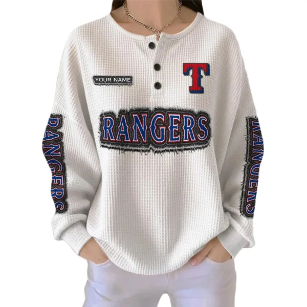 Texas Rangers Women’s Waffle Knit Button Front Long Sleeve Shirt Personalize Name