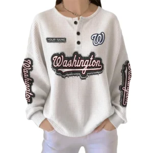 Washington Nationals Women’s Waffle Knit Button Front Long Sleeve Shirt Personalize Name