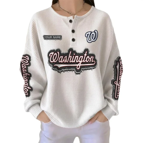 Washington Nationals Women’s Waffle Knit Button Front Long Sleeve Shirt Personalize Name