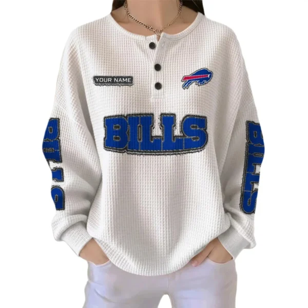 Buffalo Bills Women’s Waffle Knit Button Front Long Sleeve Shirt Personalize Name
