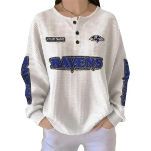 Baltimore Ravens Women’s Waffle Knit Button Front Long Sleeve Shirt Personalize Name