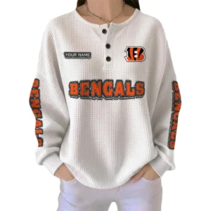 Cincinnati Bengals Women’s Waffle Knit Button Front Long Sleeve Shirt Personalize Name