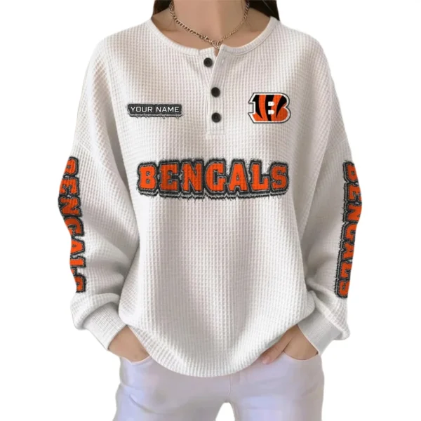Cincinnati Bengals Women’s Waffle Knit Button Front Long Sleeve Shirt Personalize Name