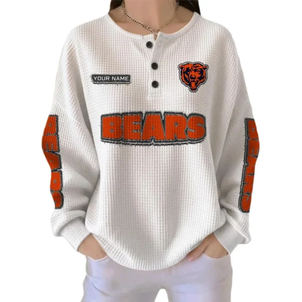 Chicago Bears Women’s Waffle Knit Button Front Long Sleeve Shirt Personalize Name