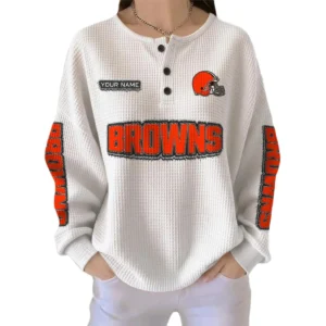 Cleveland Browns Women’s Waffle Knit Button Front Long Sleeve Shirt Personalize Name