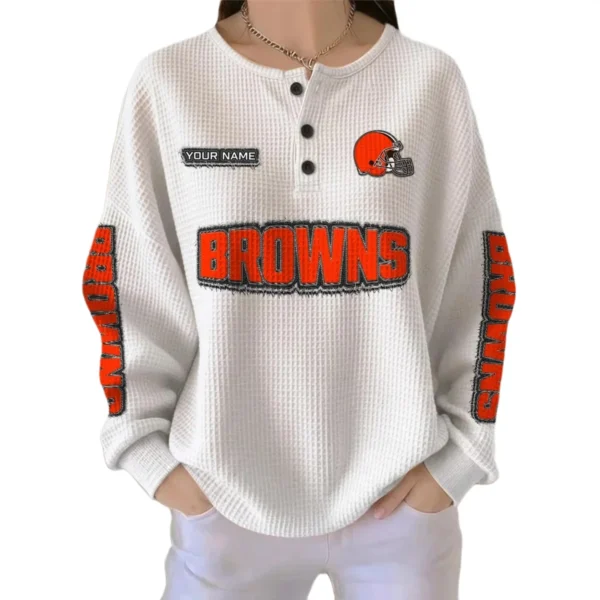 Cleveland Browns Women’s Waffle Knit Button Front Long Sleeve Shirt Personalize Name