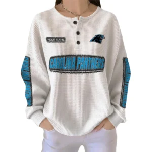 Carolina Panthers Women’s Waffle Knit Button Front Long Sleeve Shirt Personalize Name