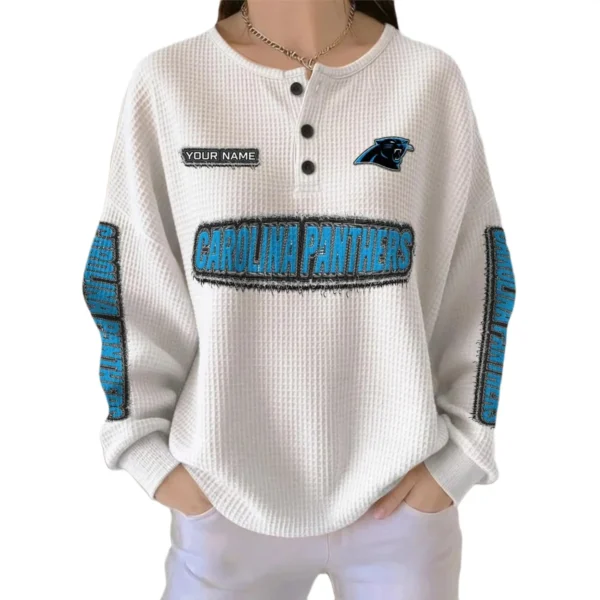 Carolina Panthers Women’s Waffle Knit Button Front Long Sleeve Shirt Personalize Name