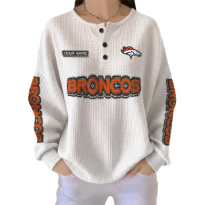 Denver Broncos Women’s Waffle Knit Button Front Long Sleeve Shirt Personalize Name