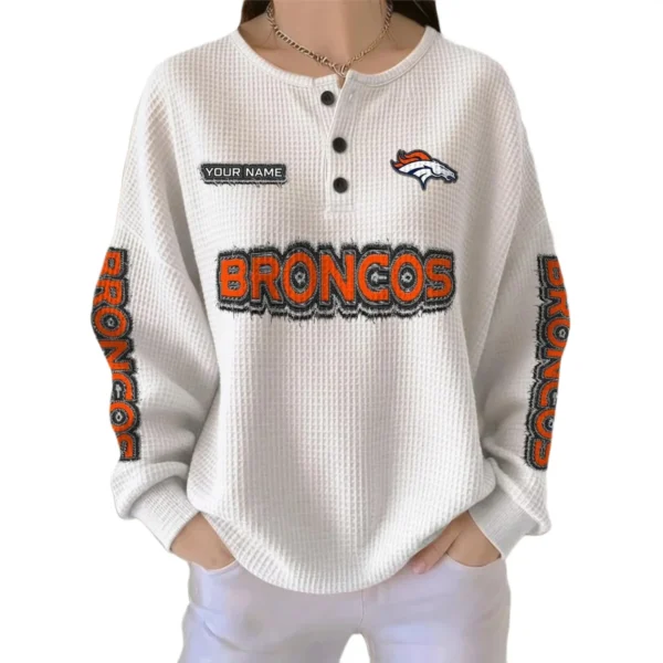 Denver Broncos Women’s Waffle Knit Button Front Long Sleeve Shirt Personalize Name
