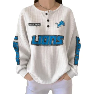 Detroit Lions Women’s Waffle Knit Button Front Long Sleeve Shirt Personalize Name