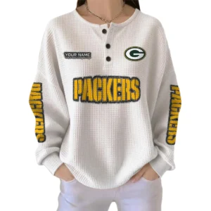 Green Bay Packers Women’s Waffle Knit Button Front Long Sleeve Shirt Personalize Name