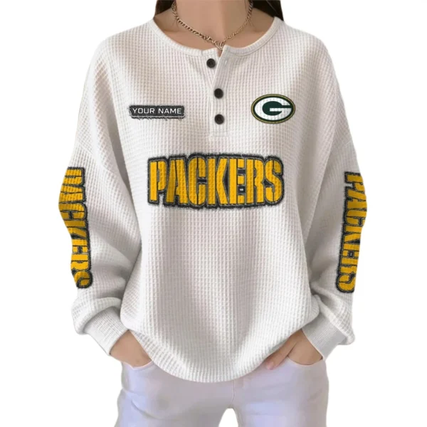 Green Bay Packers Women’s Waffle Knit Button Front Long Sleeve Shirt Personalize Name