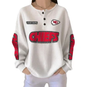 Kansas City Chiefs Women’s Waffle Knit Button Front Long Sleeve Shirt Personalize Name