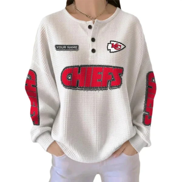 Kansas City Chiefs Women’s Waffle Knit Button Front Long Sleeve Shirt Personalize Name