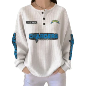 Los Angeles Chargers Women’s Waffle Knit Button Front Long Sleeve Shirt Personalize Name