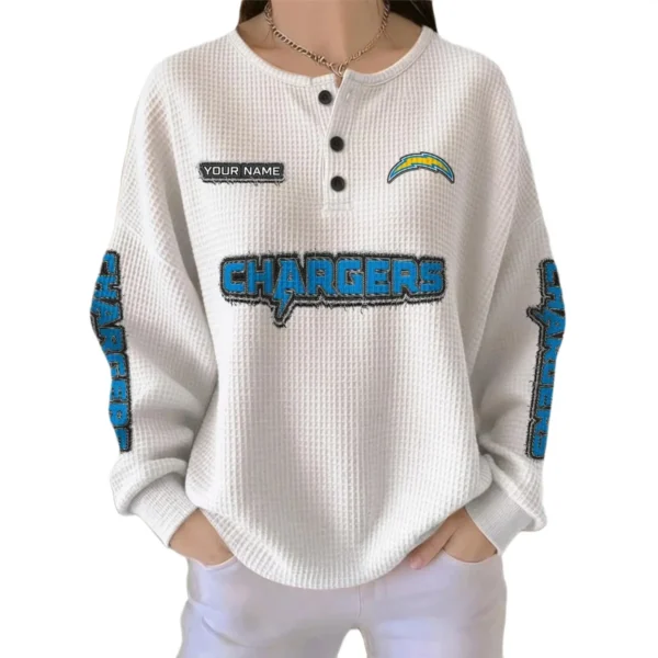 Los Angeles Chargers Women’s Waffle Knit Button Front Long Sleeve Shirt Personalize Name