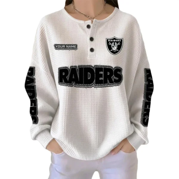 Las Vegas Raiders Women’s Waffle Knit Button Front Long Sleeve Shirt Personalize Name