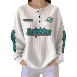 Miami Dolphins Women’s Waffle Knit Button Front Long Sleeve Shirt Personalize Name