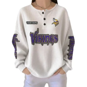 Minnesota Vikings Women’s Waffle Knit Button Front Long Sleeve Shirt Personalize Name