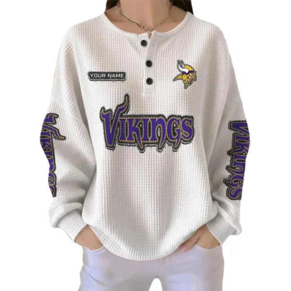 Minnesota Vikings Women’s Waffle Knit Button Front Long Sleeve Shirt Personalize Name