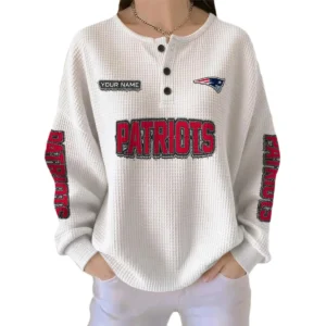 New England Patriots Women’s Waffle Knit Button Front Long Sleeve Shirt Personalize Name