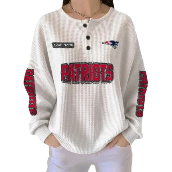 New England Patriots Women’s Waffle Knit Button Front Long Sleeve Shirt Personalize Name