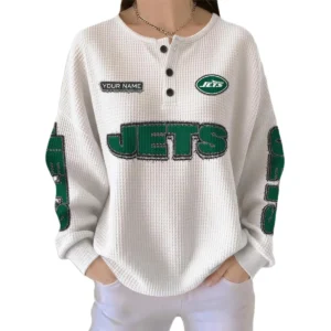 New York Jets Women’s Waffle Knit Button Front Long Sleeve Shirt Personalize Name
