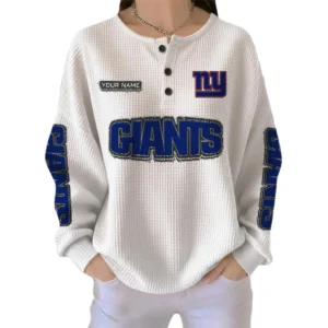 New York Giants Women’s Waffle Knit Button Front Long Sleeve Shirt Personalize Name