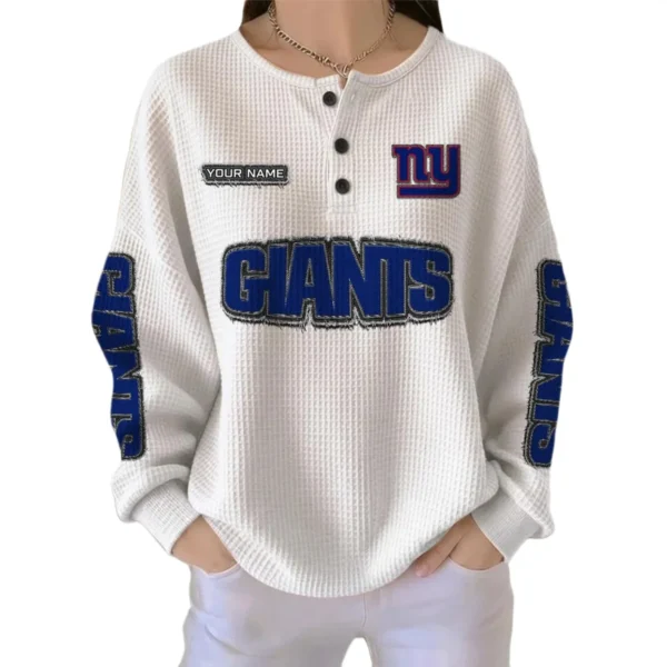 New York Giants Women’s Waffle Knit Button Front Long Sleeve Shirt Personalize Name
