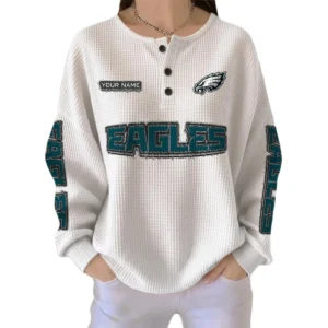 Philadelphia Eagles Women’s Waffle Knit Button Front Long Sleeve Shirt Personalize Name
