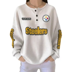 Pittsburgh Steelers Women’s Waffle Knit Button Front Long Sleeve Shirt Personalize Name