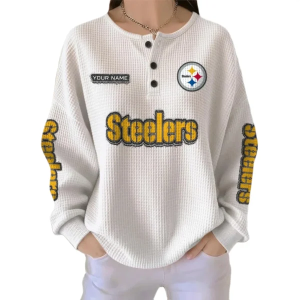 Pittsburgh Steelers Women’s Waffle Knit Button Front Long Sleeve Shirt Personalize Name