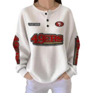 San Francisco 49ers Women’s Waffle Knit Button Front Long Sleeve Shirt Personalize Name