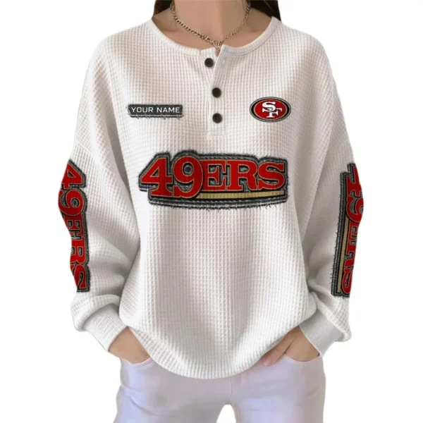San Francisco 49ers Women’s Waffle Knit Button Front Long Sleeve Shirt Personalize Name