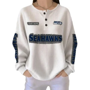 Seattle Seahawks Women’s Waffle Knit Button Front Long Sleeve Shirt Personalize Name