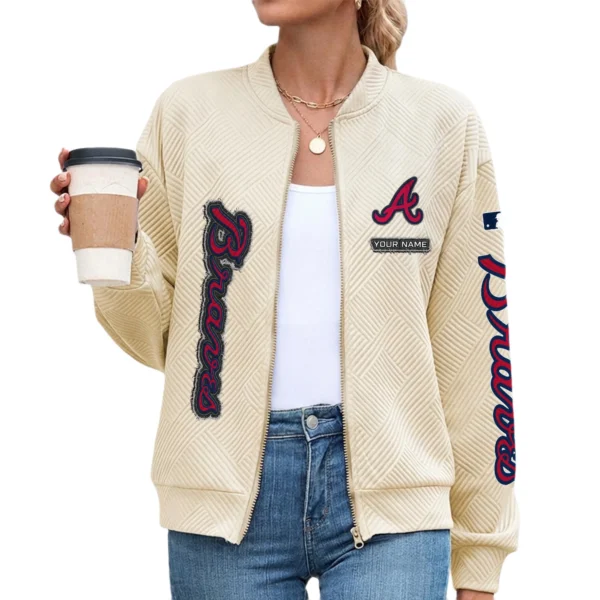 Atlanta Braves Women’s Textured Bomber Jacket Stand Collar Full Zip Outerwear Personalize Name