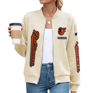 Baltimore Orioles Women’s Textured Bomber Jacket Stand Collar Full Zip Outerwear Personalize Name