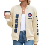 Chicago Cubs Women’s Textured Bomber Jacket Stand Collar Full Zip Outerwear Personalize Name