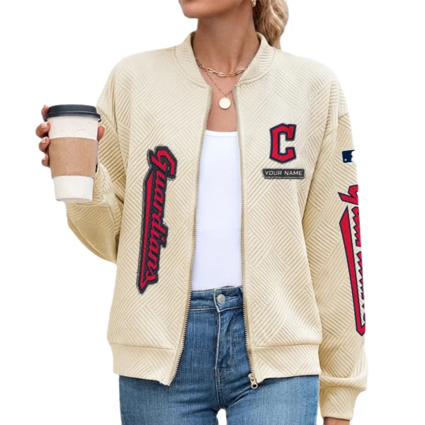 Cleveland Guardians Women’s Textured Bomber Jacket Stand Collar Full Zip Outerwear Personalize Name