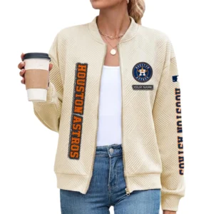 Houston Astros Women’s Textured Bomber Jacket Stand Collar Full Zip Outerwear Personalize Name
