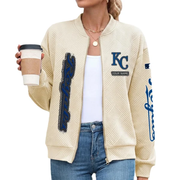 Kansas City Royals Women’s Textured Bomber Jacket Stand Collar Full Zip Outerwear Personalize Name